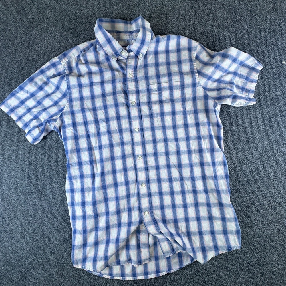 Chaps Shirt Men Large White Blue Plaid Cotton Easy Care Short Sleeve Button Down